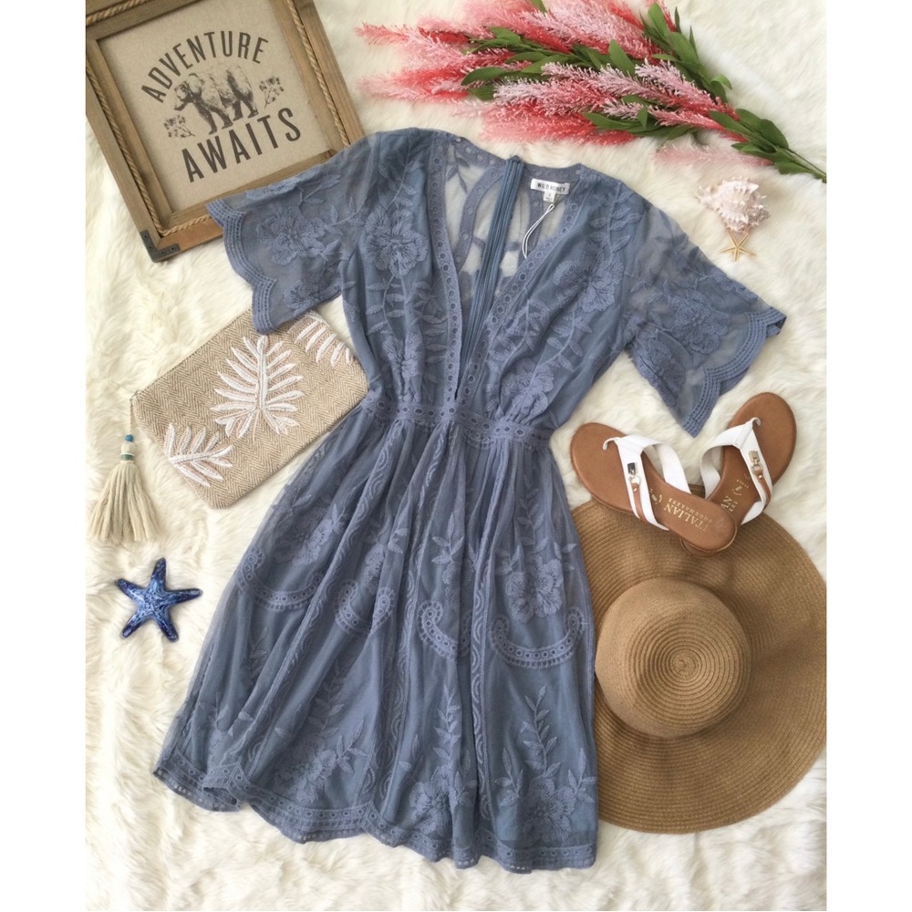 NWT Wild Honey Punch Dusky Blue Floral Embroidered Mesh Dress Sz S Western Boho